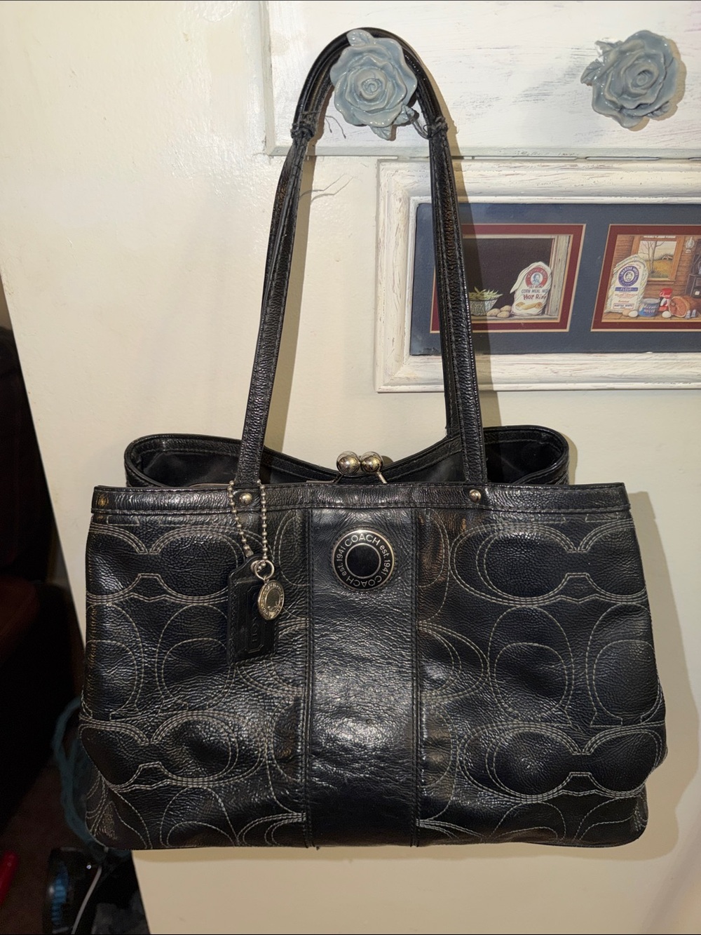 Coach Black Signature Logo Tote with Leather Trim